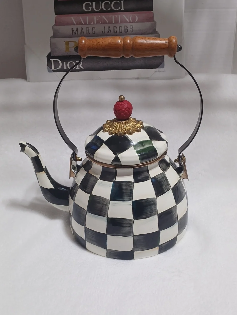 MacKenzie-Childs Courtly Check Tea Kettle Red and Gold Accent NWOT